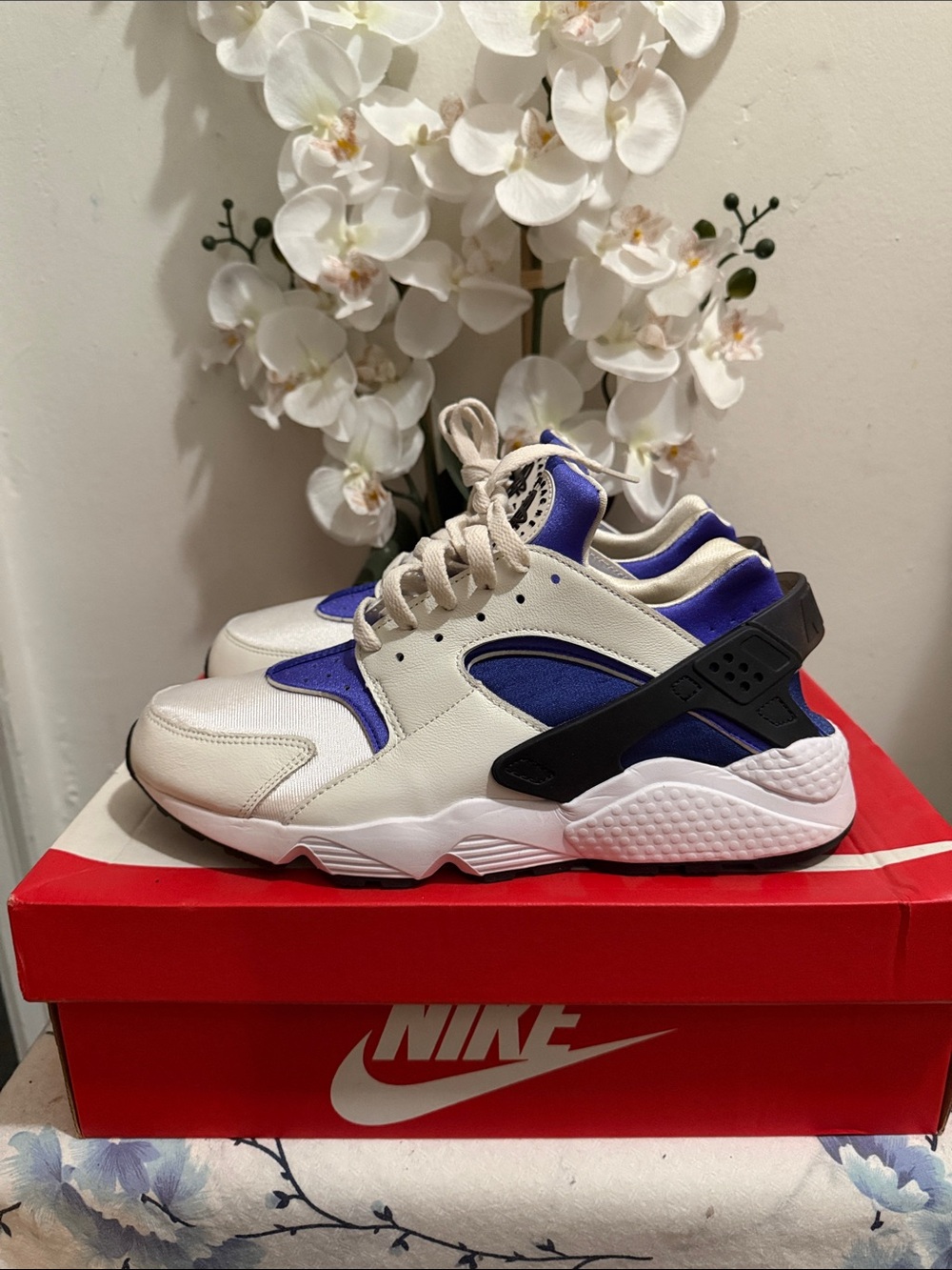 Nike Huarache Sneakers in White, Purple, and Black